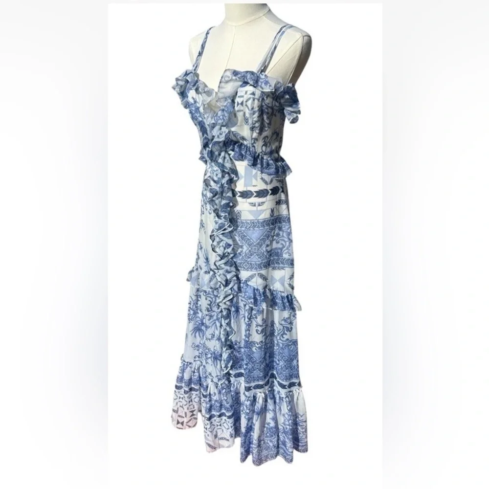 PatBO Amalfi Convertible White/Blue Printed Ruffle Chiffon Maxi Dress Size XS